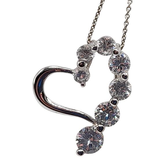 Vintage Italian Sterling Silver Heart Necklace, CZ Rhinestones, 17" - Picture 8 of 12